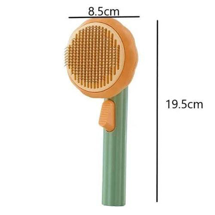 Pet Brush Comb Self-Cleaning Grooming Tool with measurements on a white background