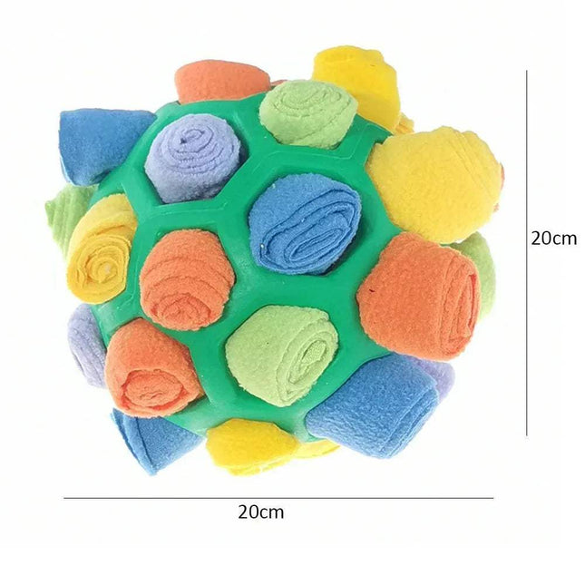 Colorful Pet Snuffling Ball Toy with dimensions on a white background