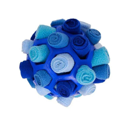 Blue Pet Snuffling Ball Toy with rolled-up fabric pieces on a white background