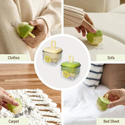 Portable Fur Remover with a lid being used on clothes, sofa, and carpet.