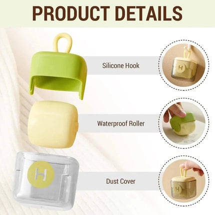 Product details of a Portable Fur Remover with silicone hook, waterproof roller, and dust cover on a beige background.