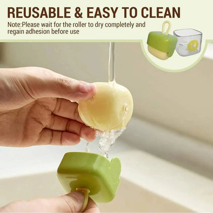 Hand holding a reusable Portable Fur Remover under running water with text about reusability and ease of cleaning.