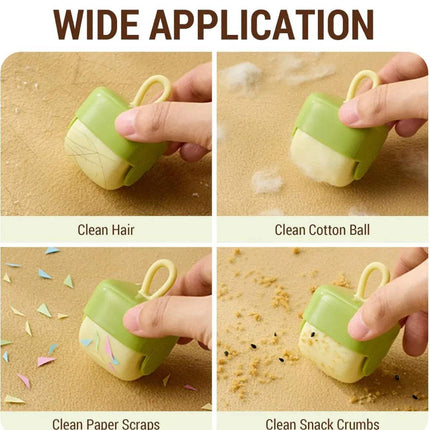 Portable Fur Remover being used to clean various items on a beige background.