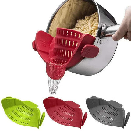Red Universal Silicone Strainer Clip One-Handed Pasta & Vegetable Strainer being used to drain pasta from a pot, with additional green and gray strainers shown below.