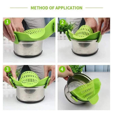 Step-by-step demonstration of using a green Universal Silicone Strainer Clip on a white background