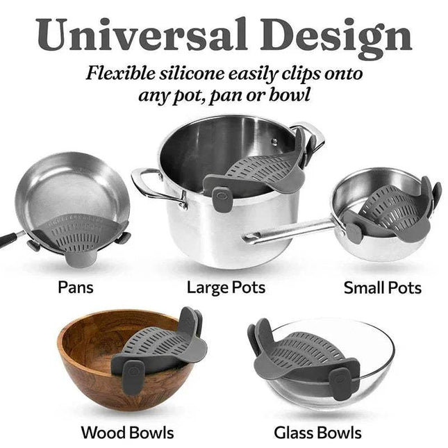 Universal Silicone Strainer Clip on pots, pans, bowls, and a large pot with text about universal design.