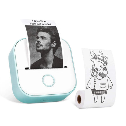 Portable Bluetooth Thermal Label Printer with a printed photo and a roll of paper on a white background