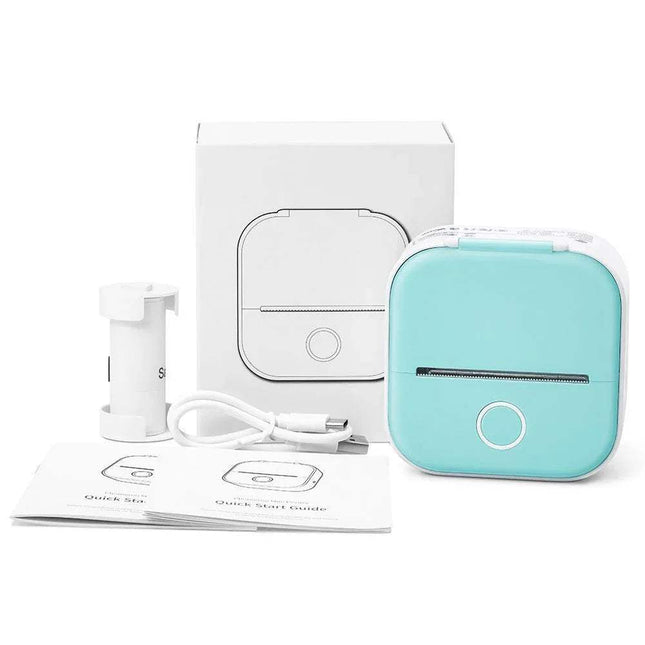 Green Portable Bluetooth Thermal Label Printer with charging cable, user manual, and box on a white background