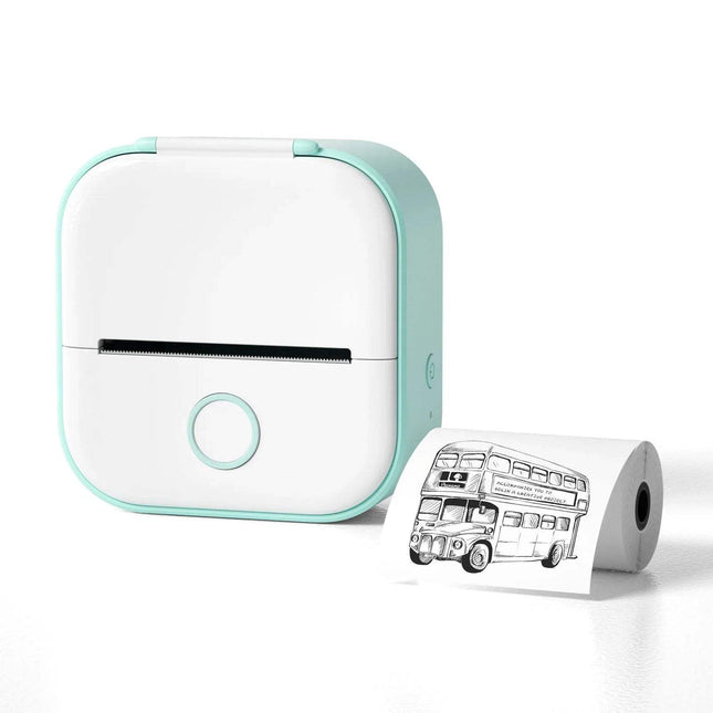 green white Portable Bluetooth Thermal Label Printer with a roll of paper featuring a black and white illustration of a bus on a white background