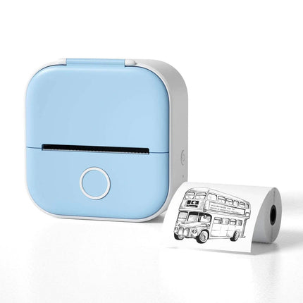 Blue Portable Bluetooth Thermal Label Printer with a printed label of a double-decker bus on a white background