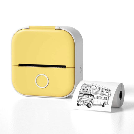 Yellow Portable Bluetooth Thermal Label Printer with a roll of paper featuring a London bus design on a white background