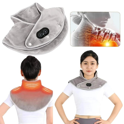 Gray Electric Heating Shoulder Neck Pad Adjustable Heat Pain Relief Wrap with a woman wearing it, showing its use on a white background.
