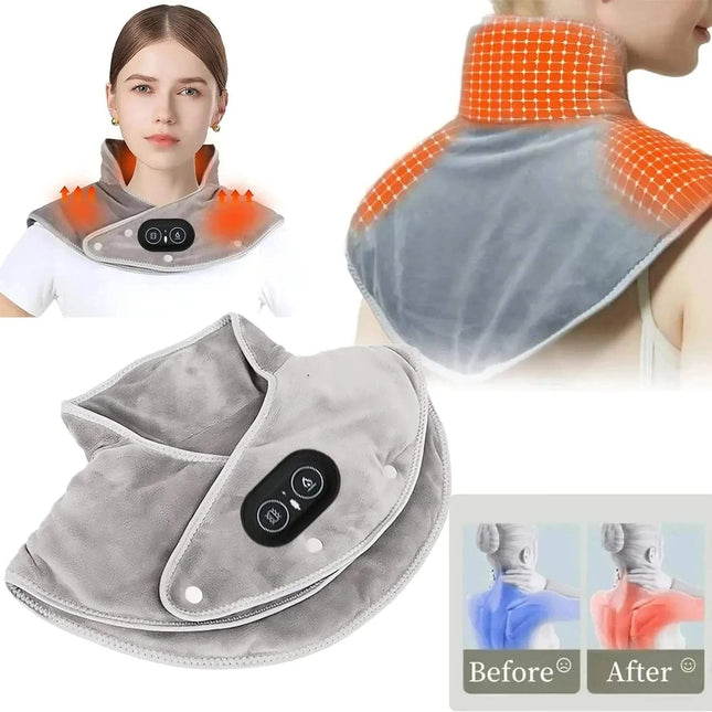 Electric Heating Shoulder Neck Pad Adjustable Heat Pain Relief Wrap with digital display on a white background