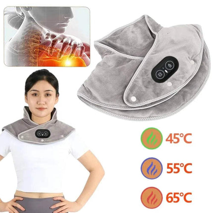 Electric Heating Shoulder Neck Pad Adjustable Heat Pain Relief Wrap with temperature indicators and a woman wearing it, inset showing a person with neck pain.