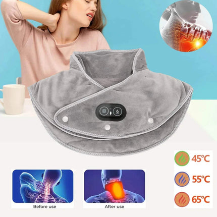 Electric Heating Shoulder Neck Pad Adjustable Heat Pain Relief Wrap with temperature display on a white surface, showing before and after use images.