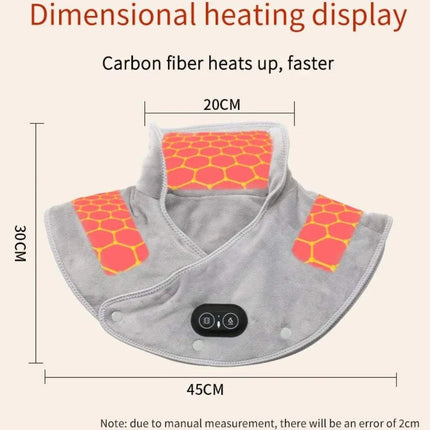 Electric Heating Shoulder Neck Pad with carbon fiber heating element and dimensions on a beige background