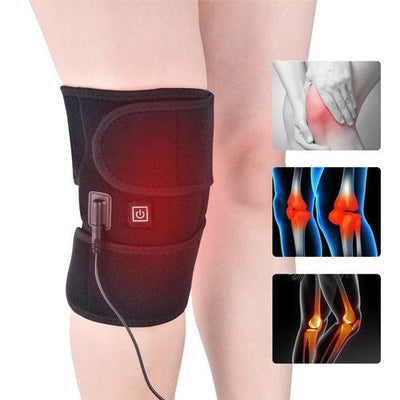 Knee brace with heating element on a person's leg, showing images of knee pain and anatomy.