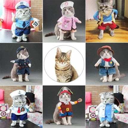 Collage of cats wearing various Funny Pet Costumes in different settings