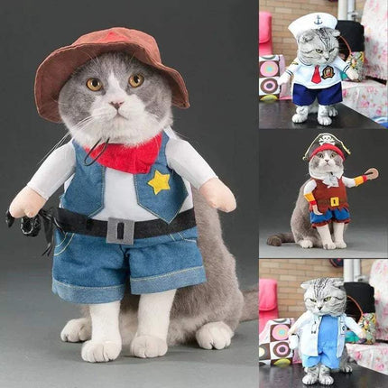 Cat in a Funny Pet Costumes with a hat, vest, and shorts on a gray background.