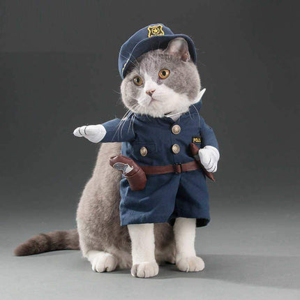 Cat wearing a police uniform Funny Pet Costumes with a hat on a gray background