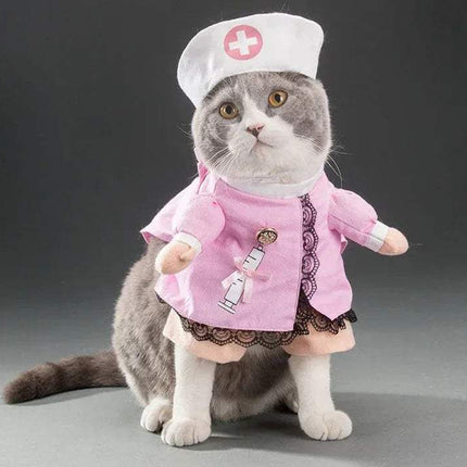 Cat wearing a pink nurse Funny Pet Costumes with a gray background