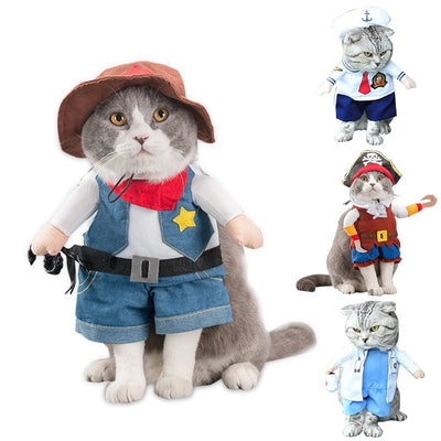 Cat in various costumes including a cowboy, pirate, and sailor outfit on a white background.