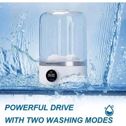 Portable Mini Washing Machine with digital display in water, labeled 'Powerful Drive with Two Washing Modes'.