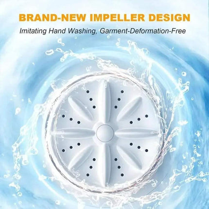 Portable Mini Washing Machine with water splashes and text about a brand-new impeller design imitating hand washing.