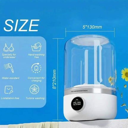 Portable Mini Washing Machine with dimensions and features on a blue background