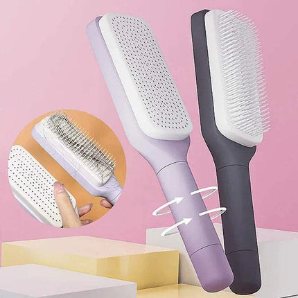 Two Self-Cleaning Hairbrush Hassle-Free Grooming & Smooth Styling, one purple and one black, on a pink background with close-up insets showing bristle details.