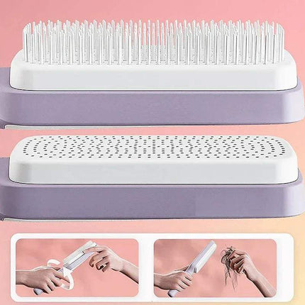 Purple and white Self-Cleaning Hairbrush Hassle-Free Grooming & Smooth Styling with two inset images showing its use on feet.
