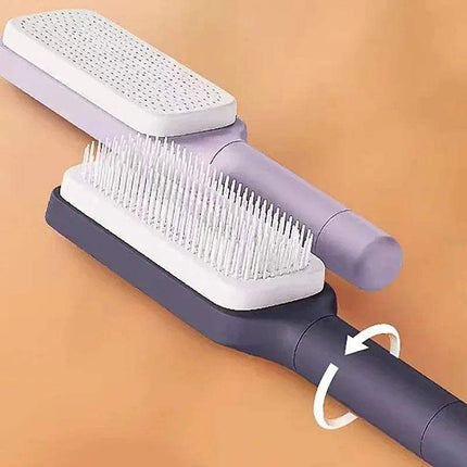 Self-Cleaning Hairbrush Hassle-Free Grooming & Smooth Styling with white bristles on a brown background