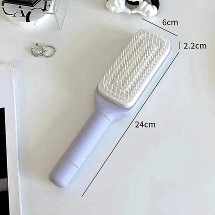 White Self-Cleaning Hairbrush Hassle-Free Grooming & Smooth Styling with measurements on a white background