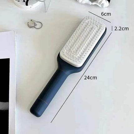 Blue and white Self-Cleaning Hairbrush Hassle-Free Grooming & Smooth Styling with measurements on a light gray background