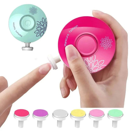 Two Electric Baby Nail Trimmer Safe & Gentle Nail Care for Little Ones, one pink and one green, held by a hand with additional color options displayed below.