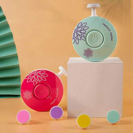 Colorful Electric Baby Nail Trimmer Safe & Gentle Nail Care for Little Ones with floral designs on a beige background