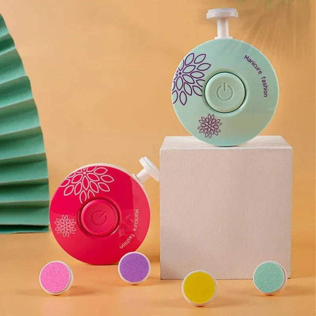 Colorful Electric Baby Nail Trimmer Safe & Gentle Nail Care for Little Ones with floral designs on a beige background