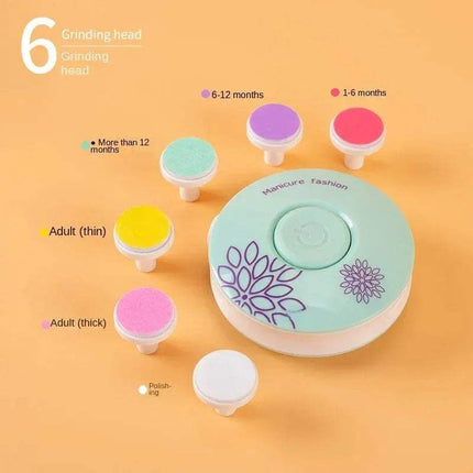 Electric Baby Nail Trimmer Safe & Gentle Nail Care for Little Ones with different grinding heads on a yellow background