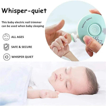 Electric Baby Nail Trimmer Safe & Gentle Nail Care for Little Ones with a close-up of a hand holding it and a baby sleeping below.