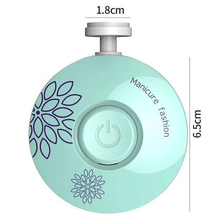 Mint green Electric Baby Nail Trimmer Safe & Gentle Nail Care for Little Ones with floral designs and power symbol, showing dimensions on a white background.