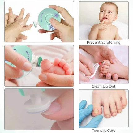 Electric Baby Nail Trimmer being used on a baby's hands, feet, and nails with text indicating uses.