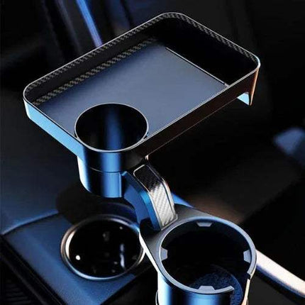 Multifunctional Car Cup Holder with Tray with additional compartments on a dark background