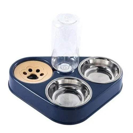 Navy-blue Pet Food Bowls 3 in 1 Ergonomic & Safe Feeding Solution Pet feeding and water station with two stainless steel bowls on a blue tray.
