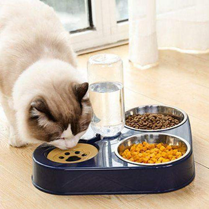 Cat drinking water from a Pet Food Bowls 3 in 1 Ergonomic & Safe Feeding Solution with food on a wooden floor.