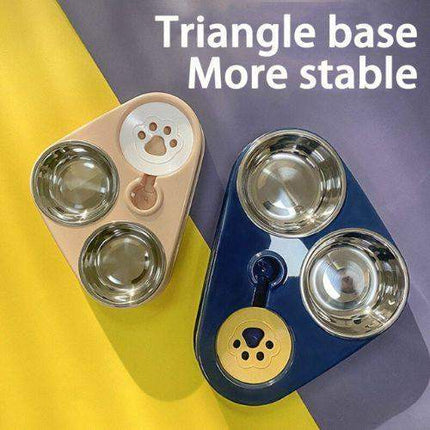 Pet Food Bowls 3 in 1 Ergonomic & Safe Feeding Solution with triangle bases on a yellow and purple background.