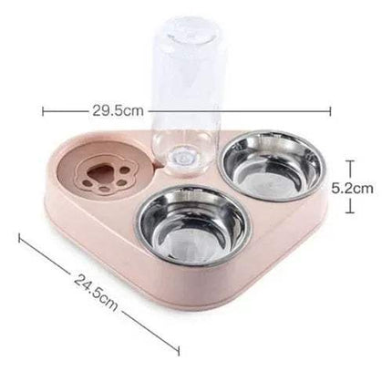 Pet Food Bowls 3 in 1 Ergonomic & Safe Feeding Solution with two bowls and a water bottle, showing measurements on a white background.