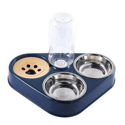 navy-blue Pet Food Bowls 3 in 1 Ergonomic & Safe Feeding Solution with two stainless steel bowls and a water bottle on a blue tray.