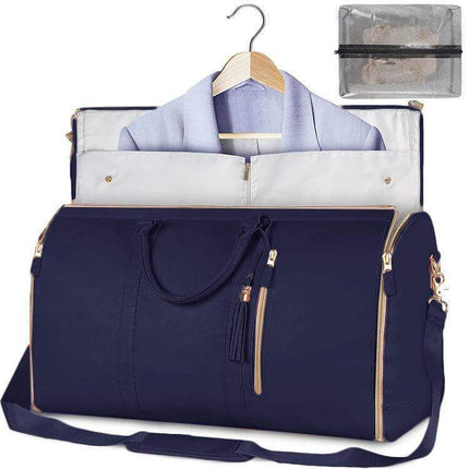 Women Large PU Folding Suit Storage Bag navy blue with a shirt on a hanger and a clear pouch inside, on a white background.