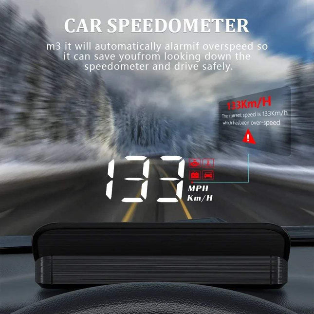 Car Head-Up Display on a dashboard with a scenic road background