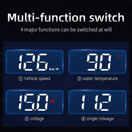 Multi-function Car Head-Up Display with vehicle speed, water temperature, voltage, and single mileage indicators.